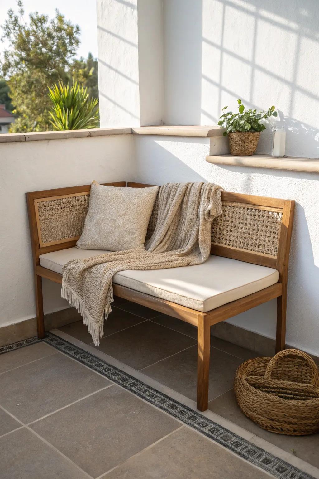 A compact L-shaped bench turns any balcony corner into a cozy, living-room-like lounge.