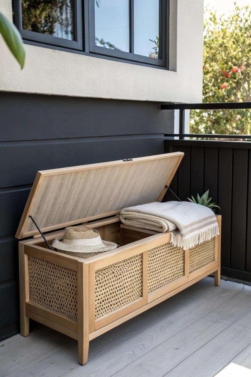A slim storage bench keeps balcony cushions and throws tucked away—seat + tidy in one.
