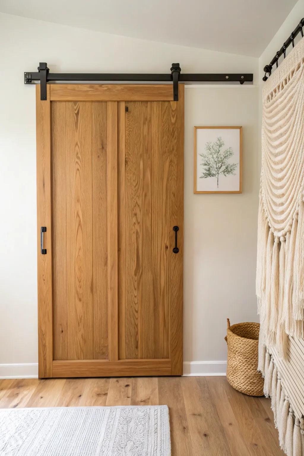 Warm wood barn door closet: simple stain, handcrafted feel, and cozy contrast for small spaces.