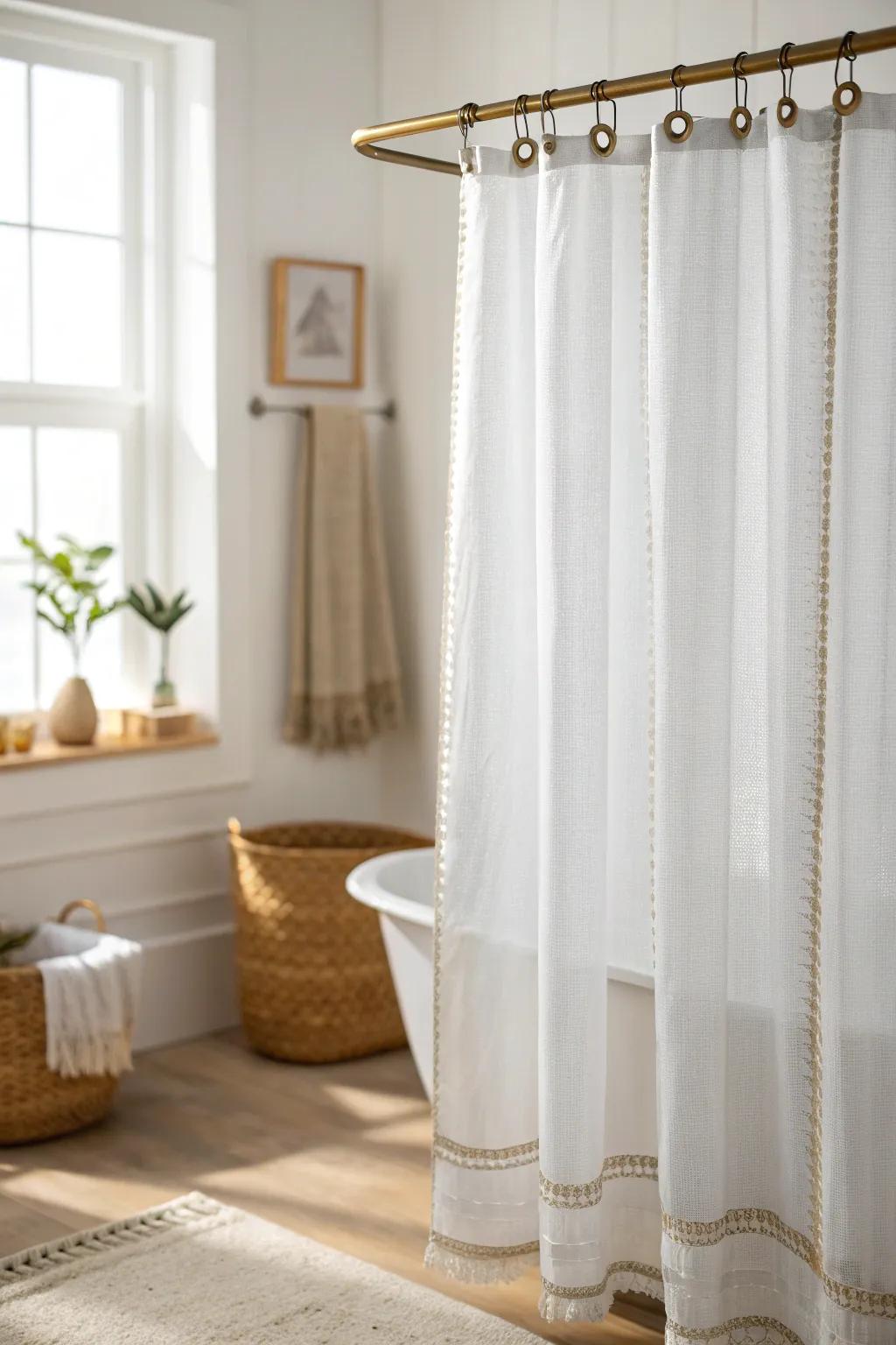 A clear shower barrier keeps your small bathroom feeling open, bright, and less boxy.