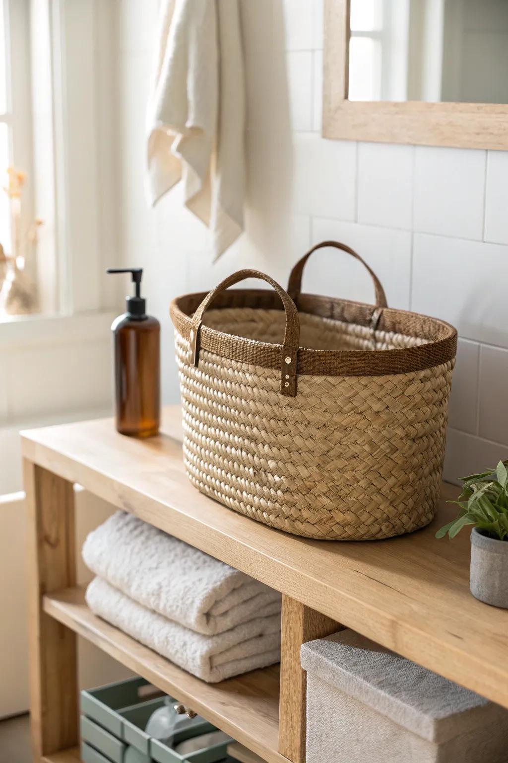 Open-shelf calm: a handwoven basket that hides bathroom clutter and looks beautifully minimal.