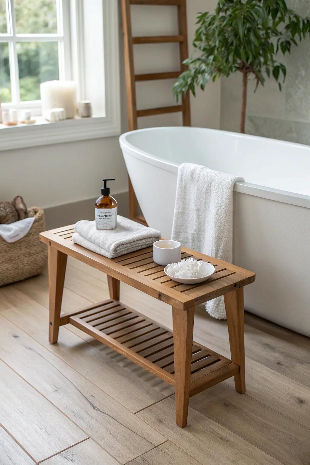 A slim teak bench by the tub creates a spa-like landing zone for towels and bath salts.