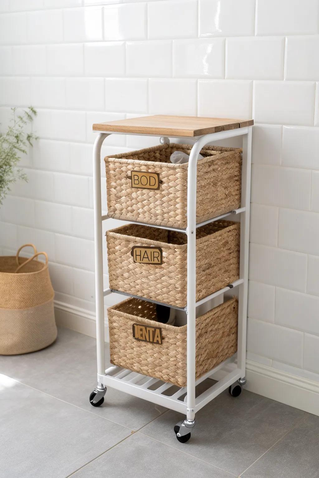 Bins-only bathroom cart with matching baskets—sorted toiletries and effortless restocking.