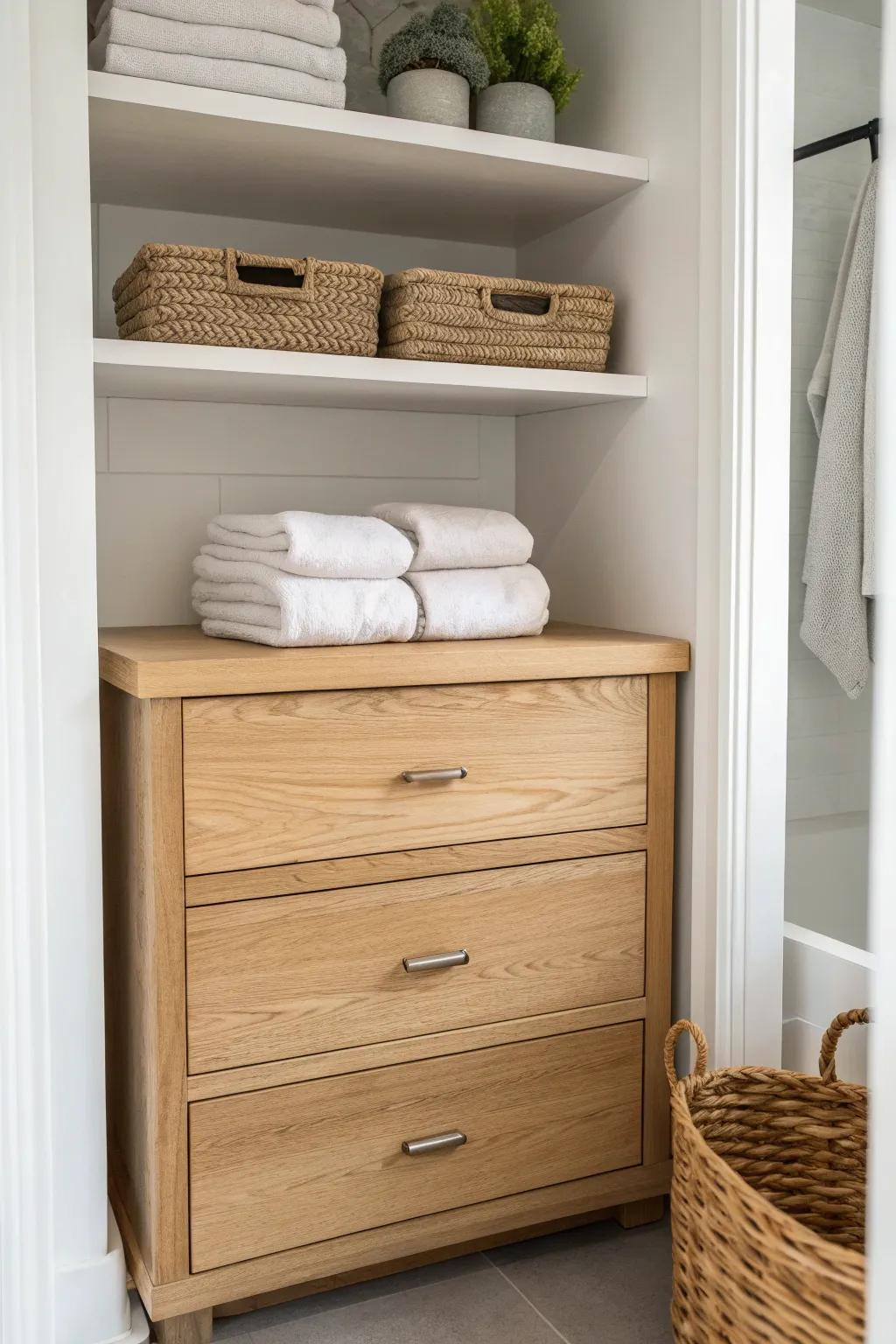Drawer unit below to hide clutter, airy open shelves above for towels and baskets.