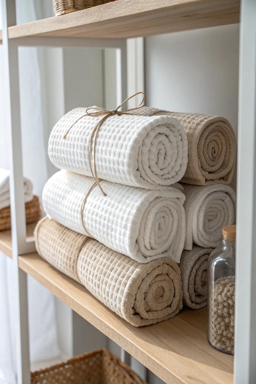 Roll towels into a spa stack—pretty ends out, sorted by size, and zero sliding closet piles.