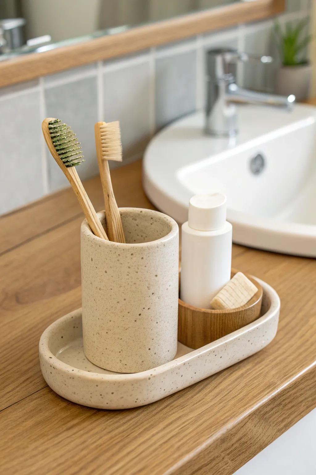 A slim toothbrush station keeps essentials upright and drip-free—clean, calm, and beautiful.
