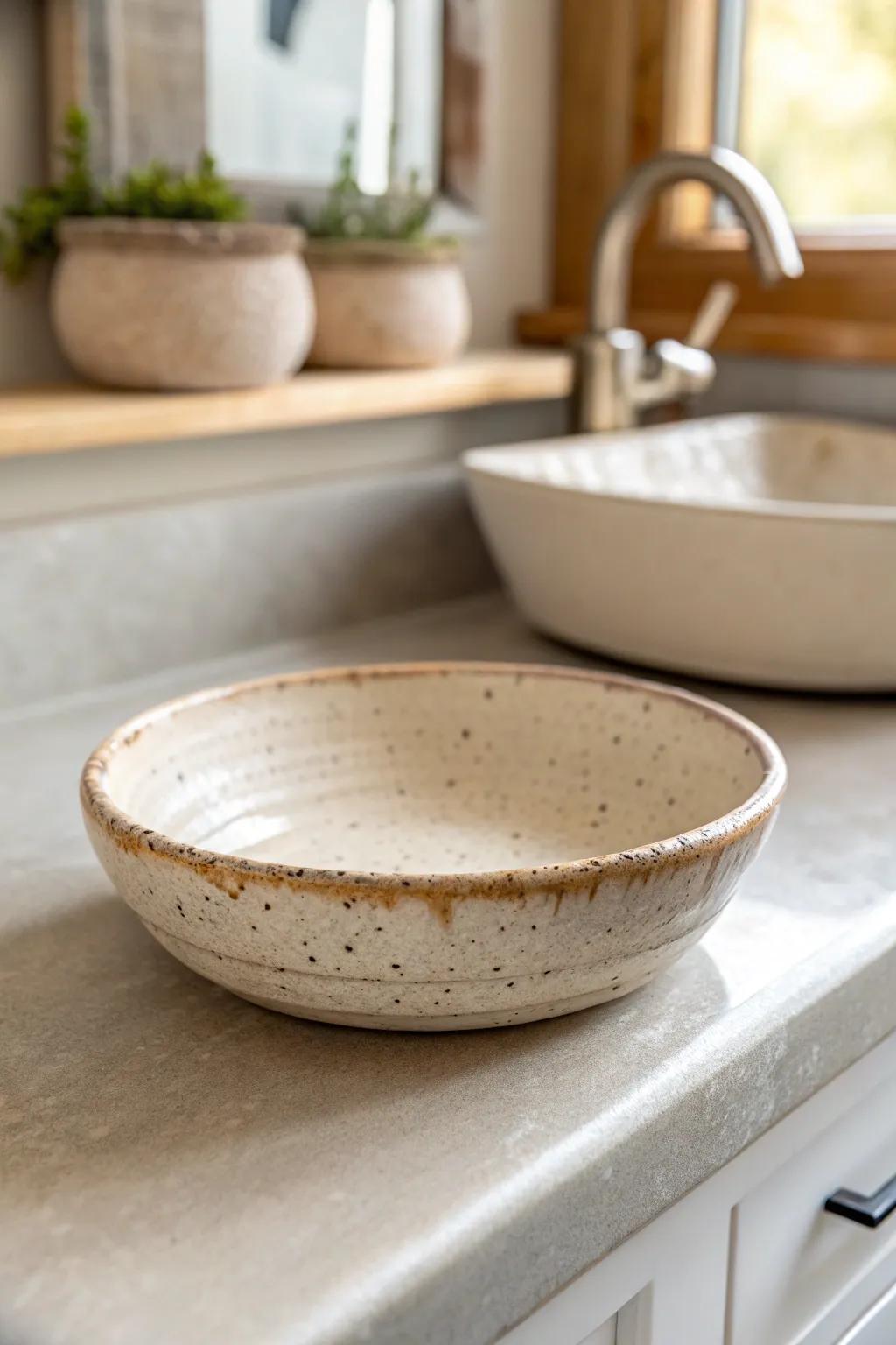 A handcrafted catch-all dish creates a tiny drop zone—no more micro-clutter by the bathroom sink.