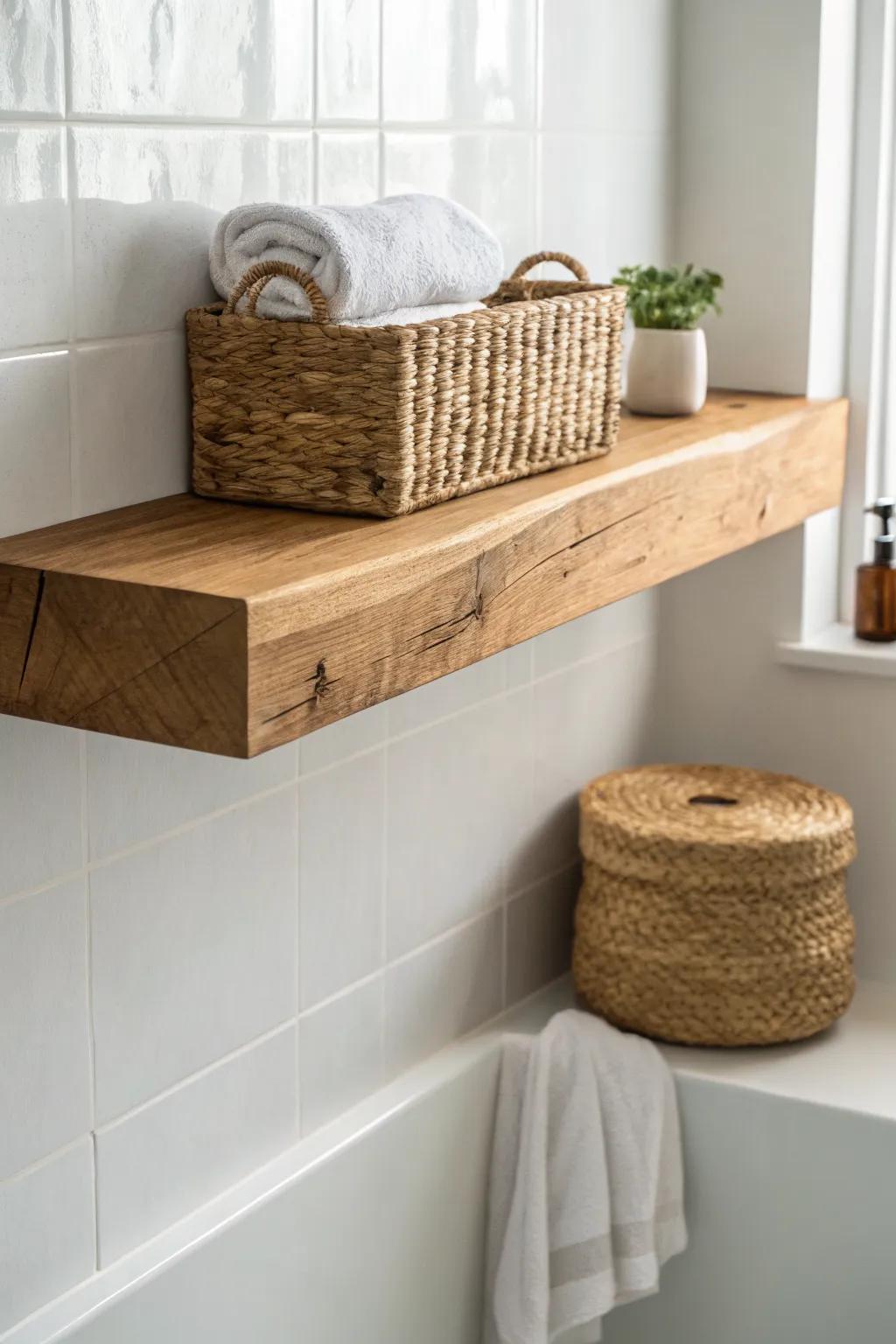 A chunky wood plank shelf adds instant warmth—style it with one woven basket for cozy storage.