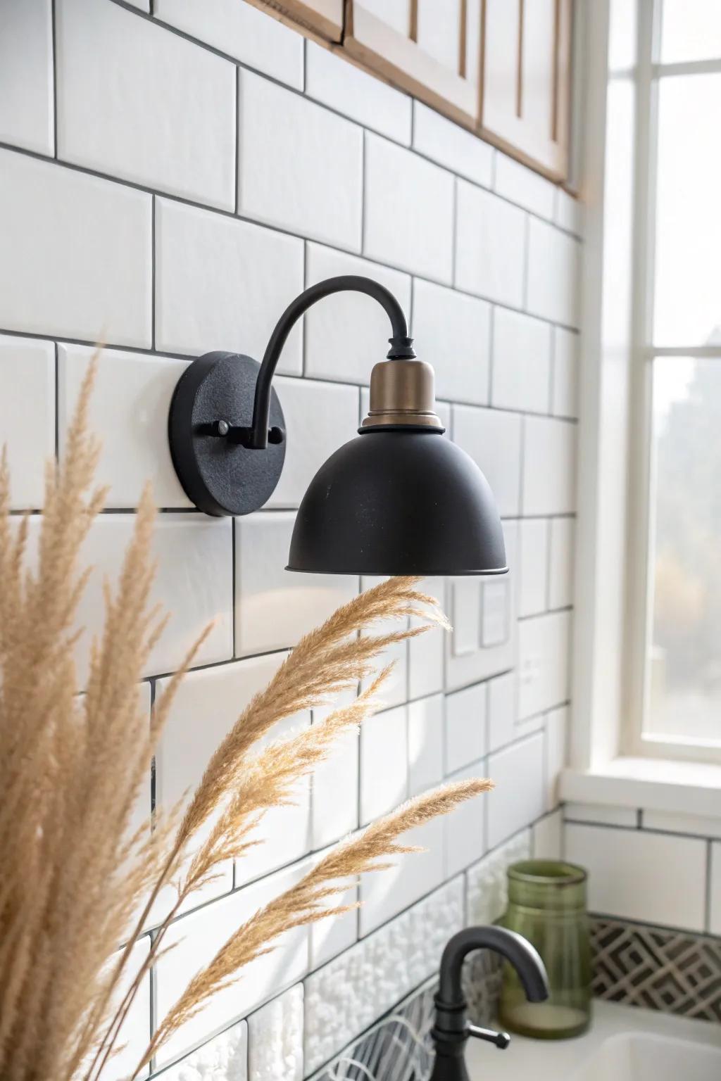 Matte black sconces add crisp contrast to white tile—small bathroom style, zero clutter.