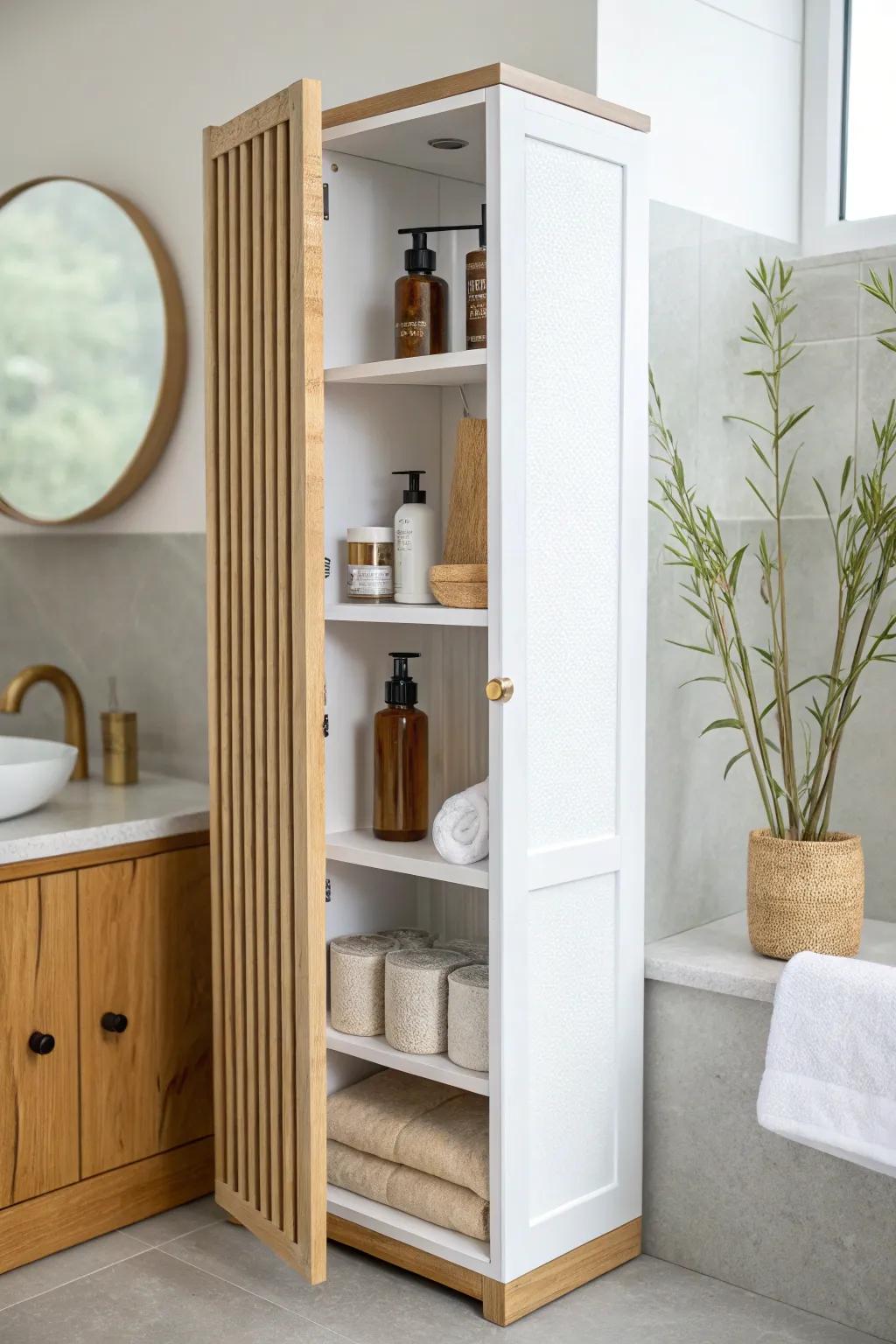 Countertop tower cabinet: vertical storage for skincare that keeps tiny bathrooms serene and clutter-free.