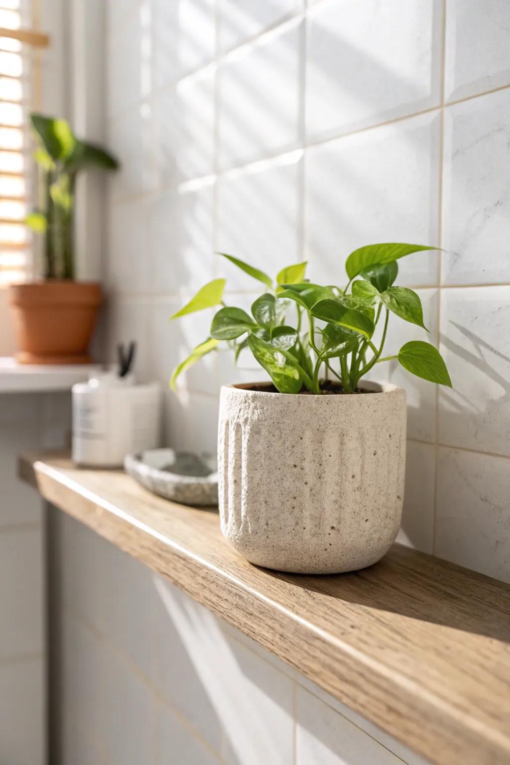 A tiny potted plant adds instant freshness and softens sleek bathroom surfaces beautifully.