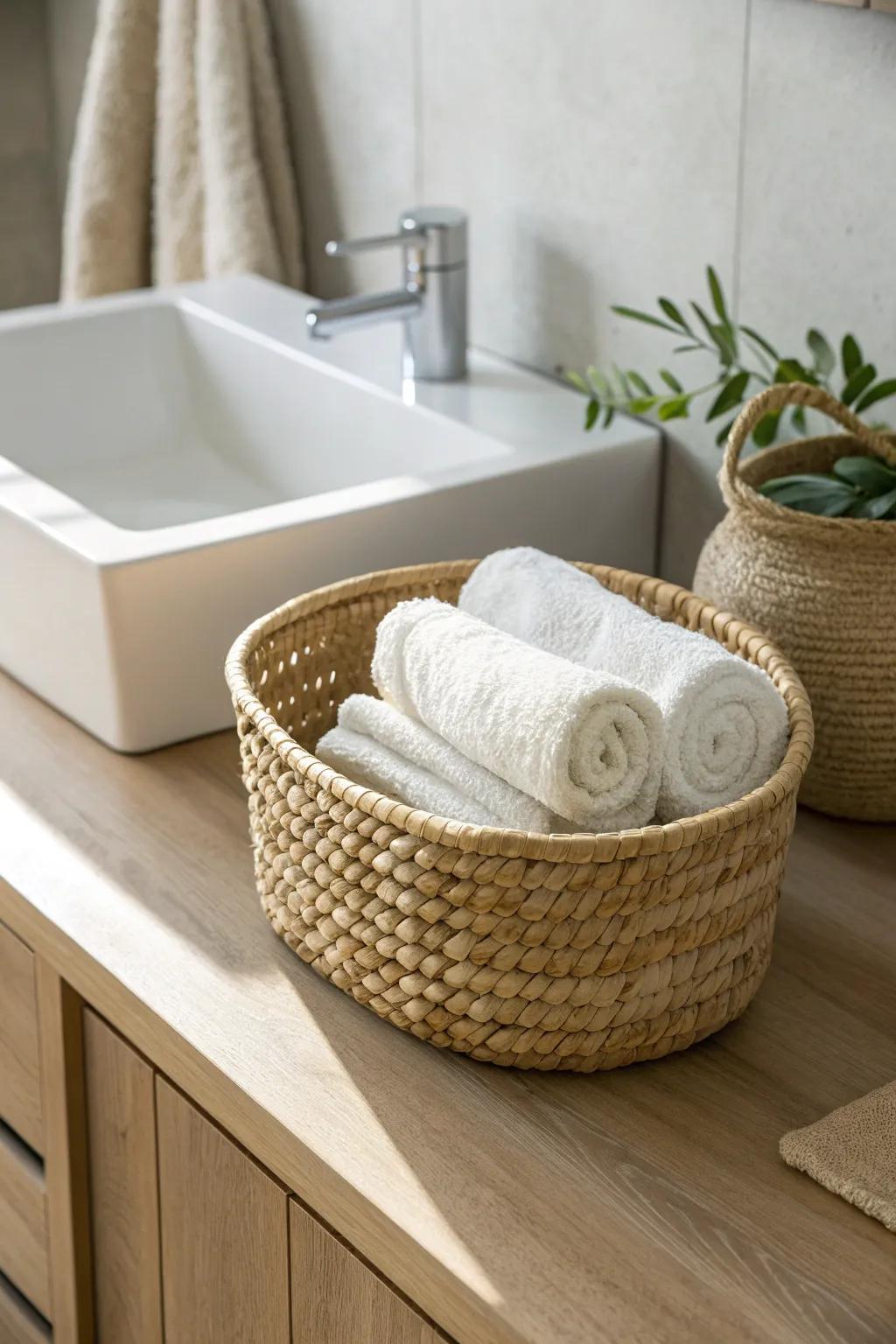A simple countertop basket with two rolled hand towels keeps mornings tidy and pretty.
