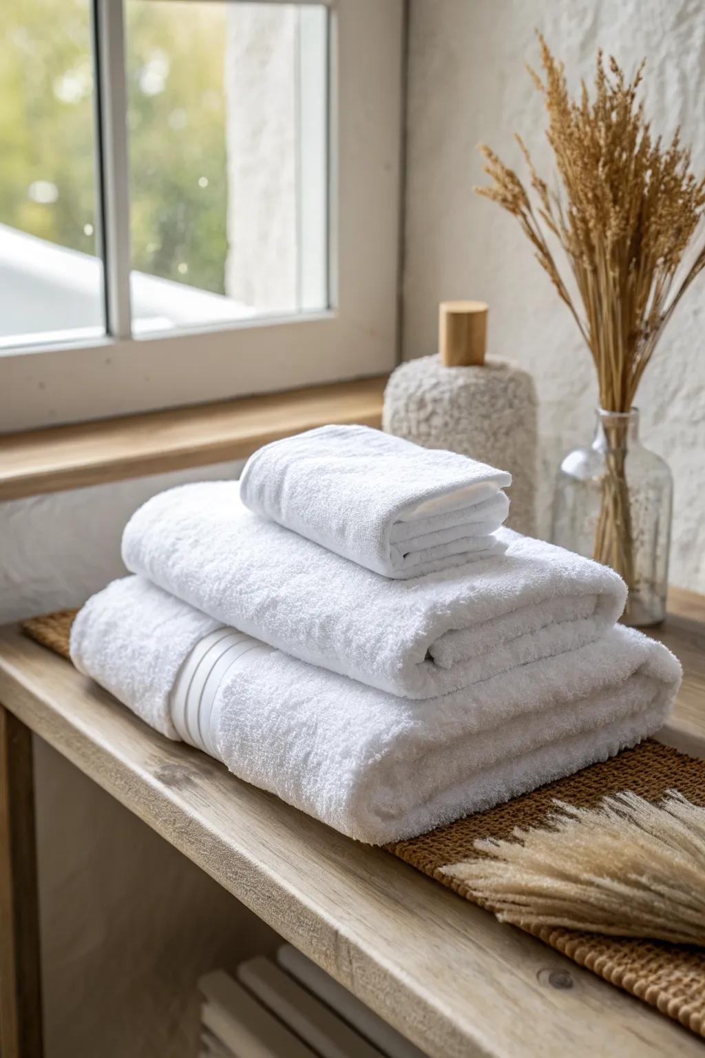 Layered hotel towel trio: bath towel, hand towel, washcloth—perfectly aligned edges.