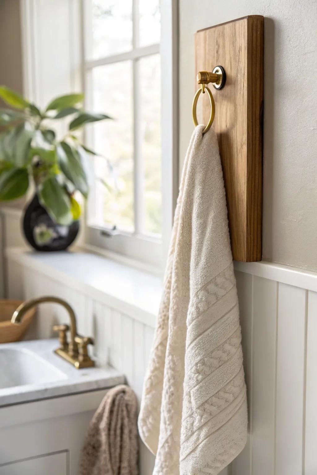 A simple oak backboard makes one towel hook feel intentional—and makes stud mounting easy.
