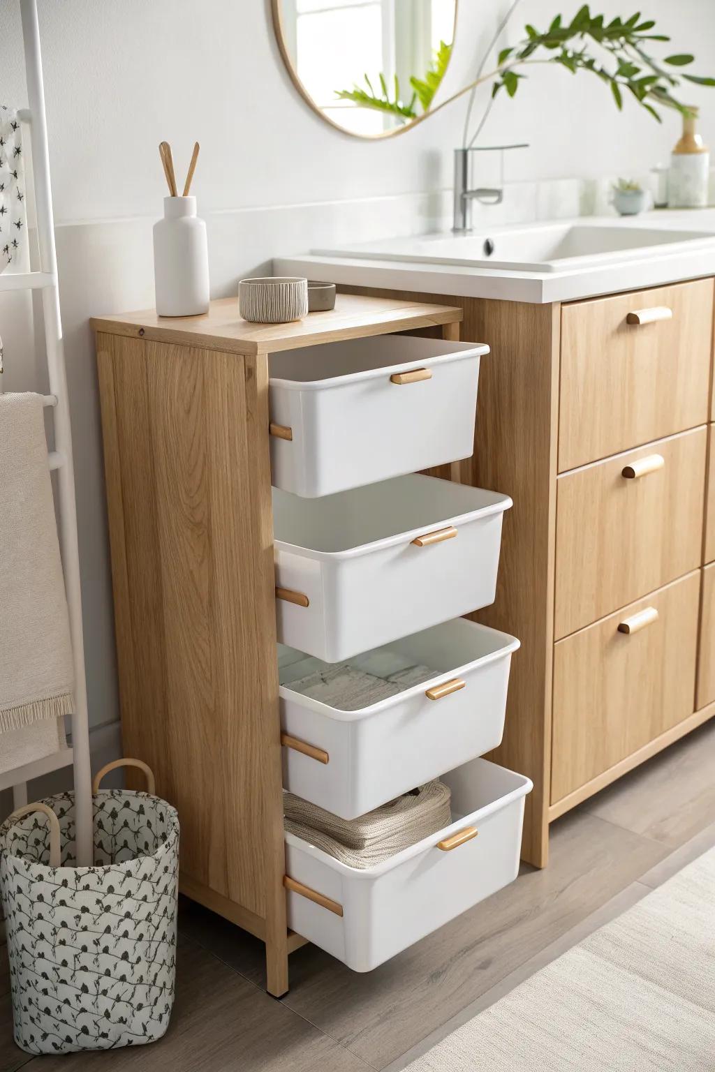 Stackable pull-out bins turn under-sink chaos into vertical, minimalist vanity storage.
