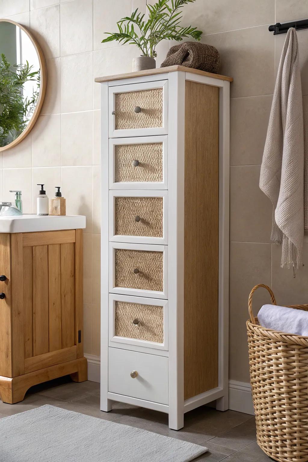 Deep lower drawers + sleek upper cabinet: the vanity tower mix that keeps bathrooms tidy