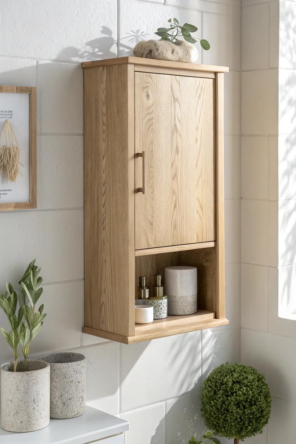 A minimalist oak wall cabinet with open shelf—pretty storage that keeps essentials within reach.