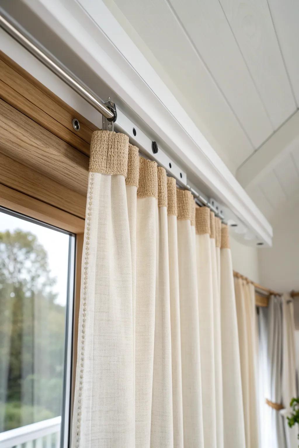 A ceiling-mounted track keeps bay curtains sleek, quiet, and easy to glide in small spaces.