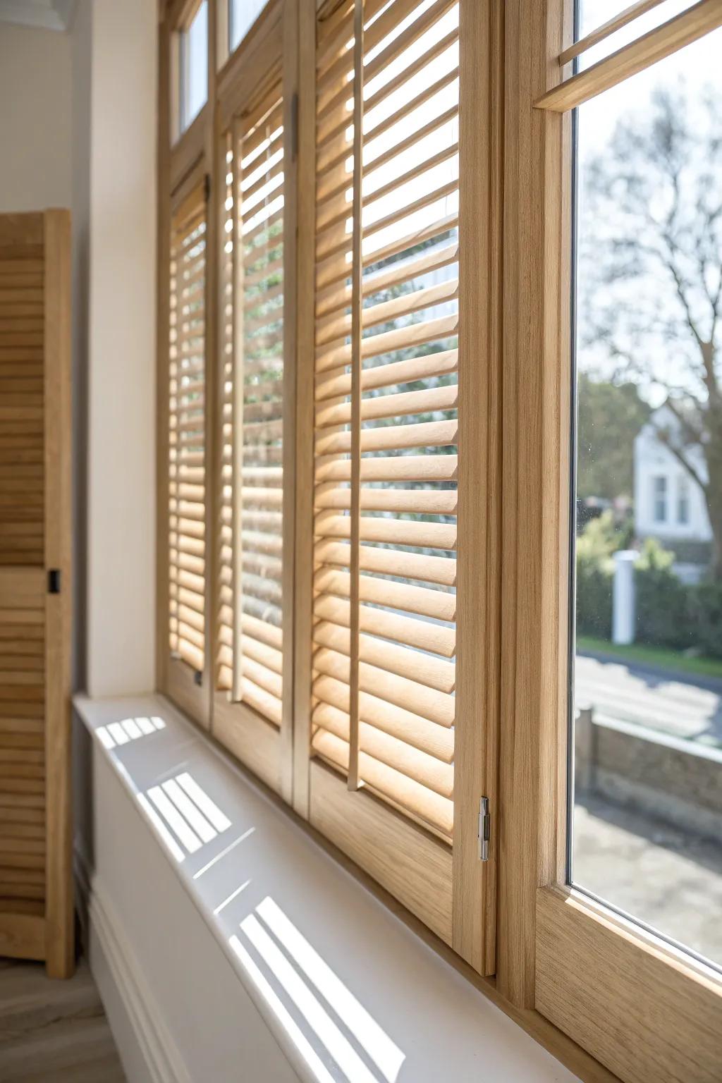 Slatted shutters let you tilt for daytime privacy while keeping that bay-window glow.
