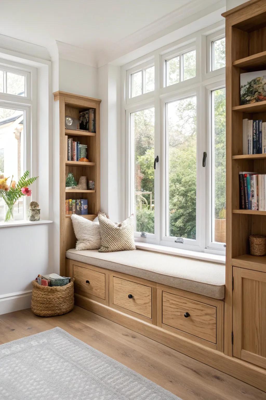 Frame your bay window with built-ins for library-style storage that looks calm and intentional.