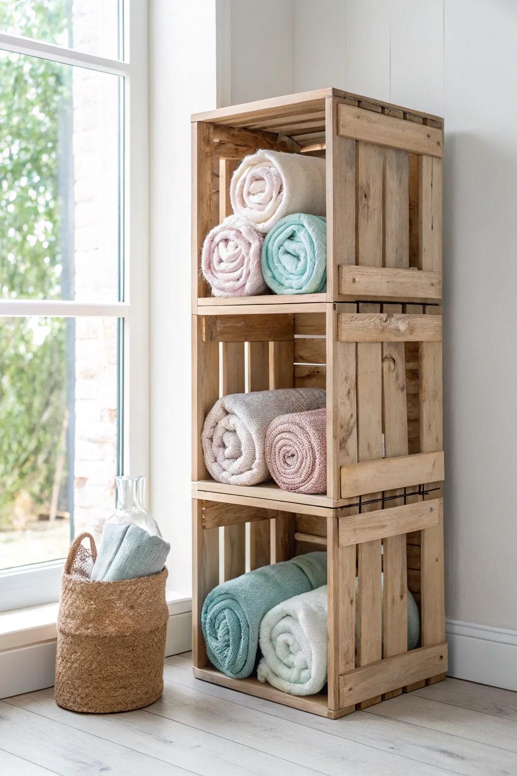 Stacked wooden crate cubbies keep beach towels airy, sorted, and beautifully displayed.