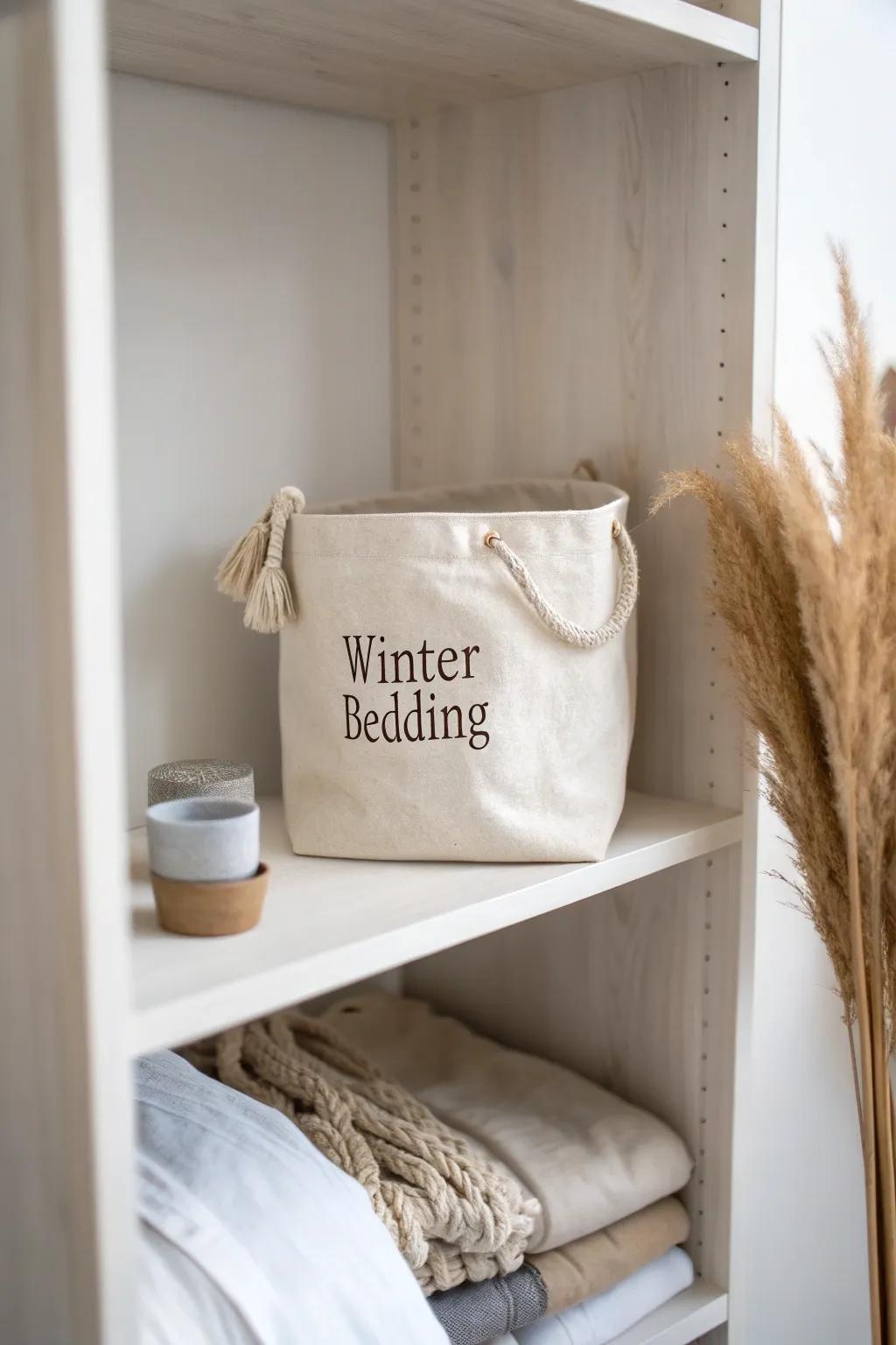 Store winter duvets up high—one labeled bag keeps everyday bedding easy to grab.