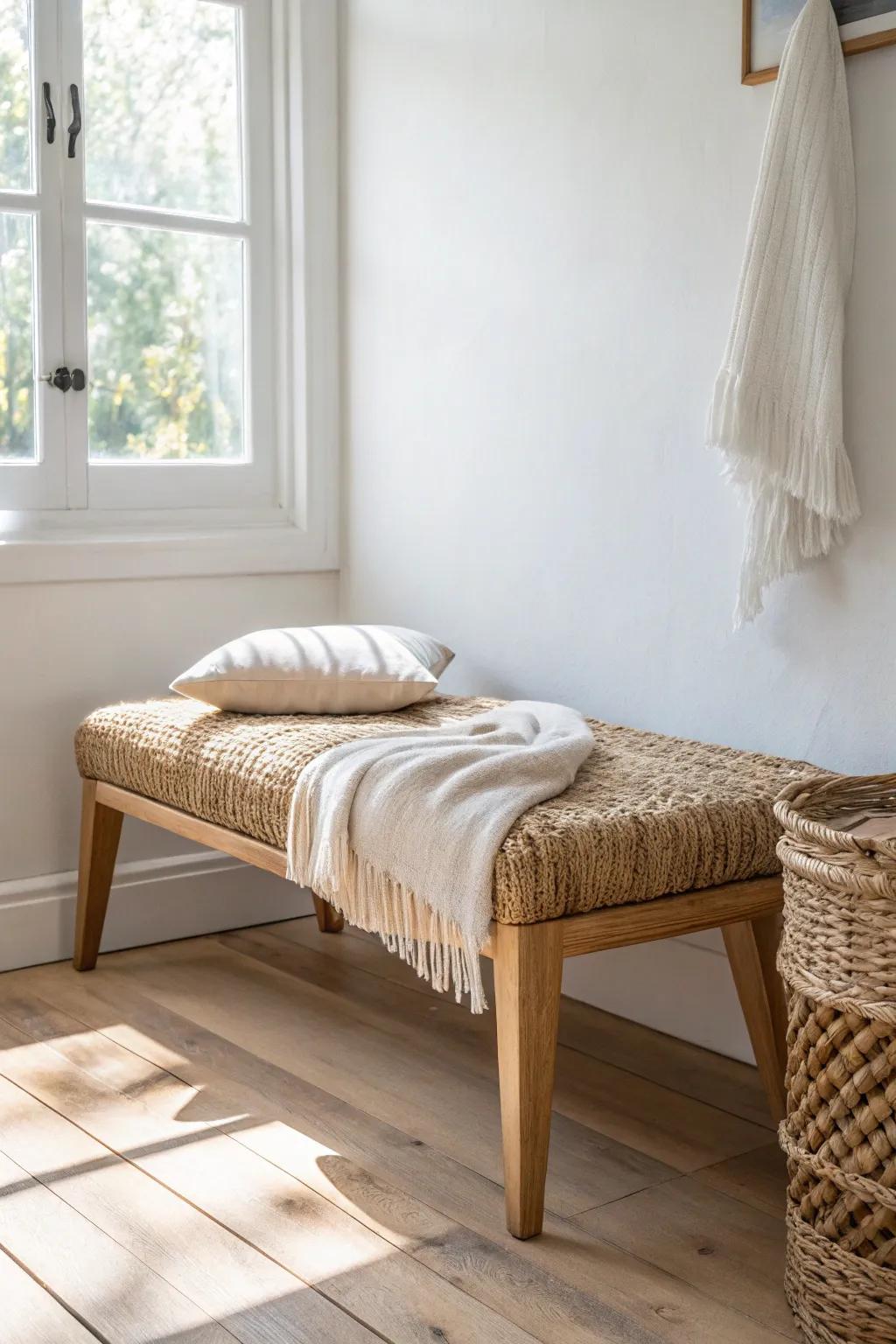 Light, woven texture that adds warmth without clutter—perfect for a small bedroom bench moment.