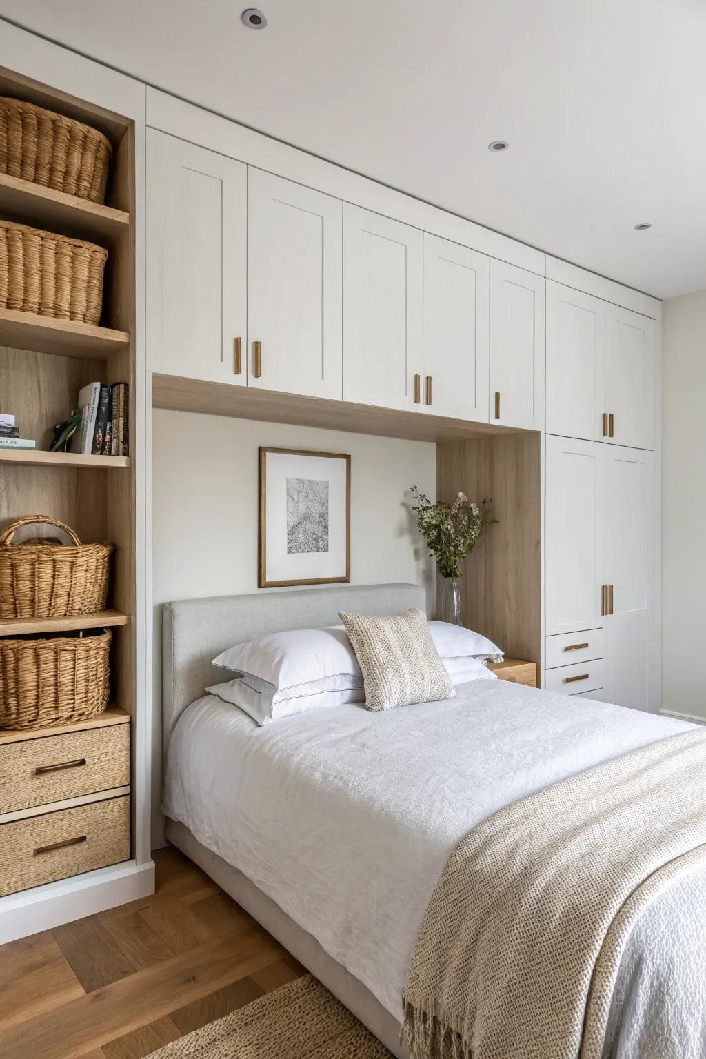 Bridge cabinets over the headboard turn unused wall height into elegant, built-in storage.
