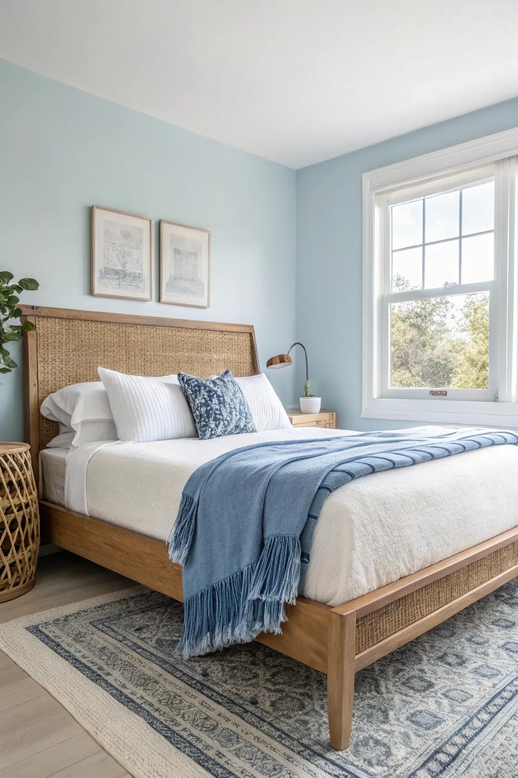 Soft blue walls + crisp white linens with a chambray throw for that always-fresh clean-sheets calm.