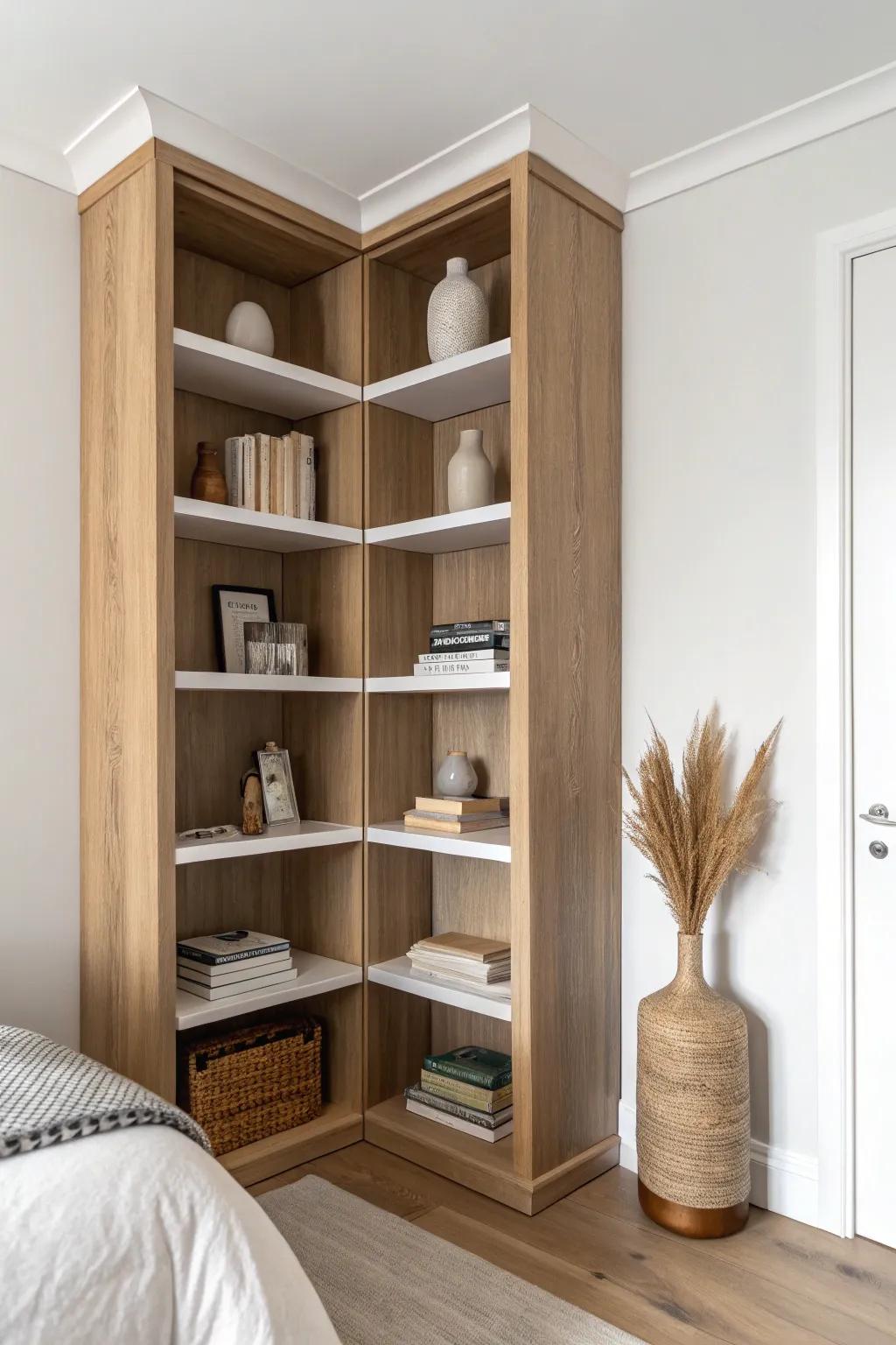A floor-to-ceiling corner book shelf turns a tiny bedroom nook into a calm reading haven.