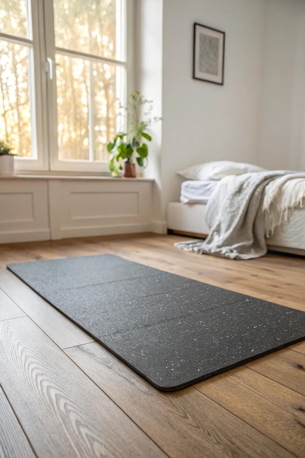 A defined mat zone protects your floors and instantly makes a bedroom gym corner look polished.