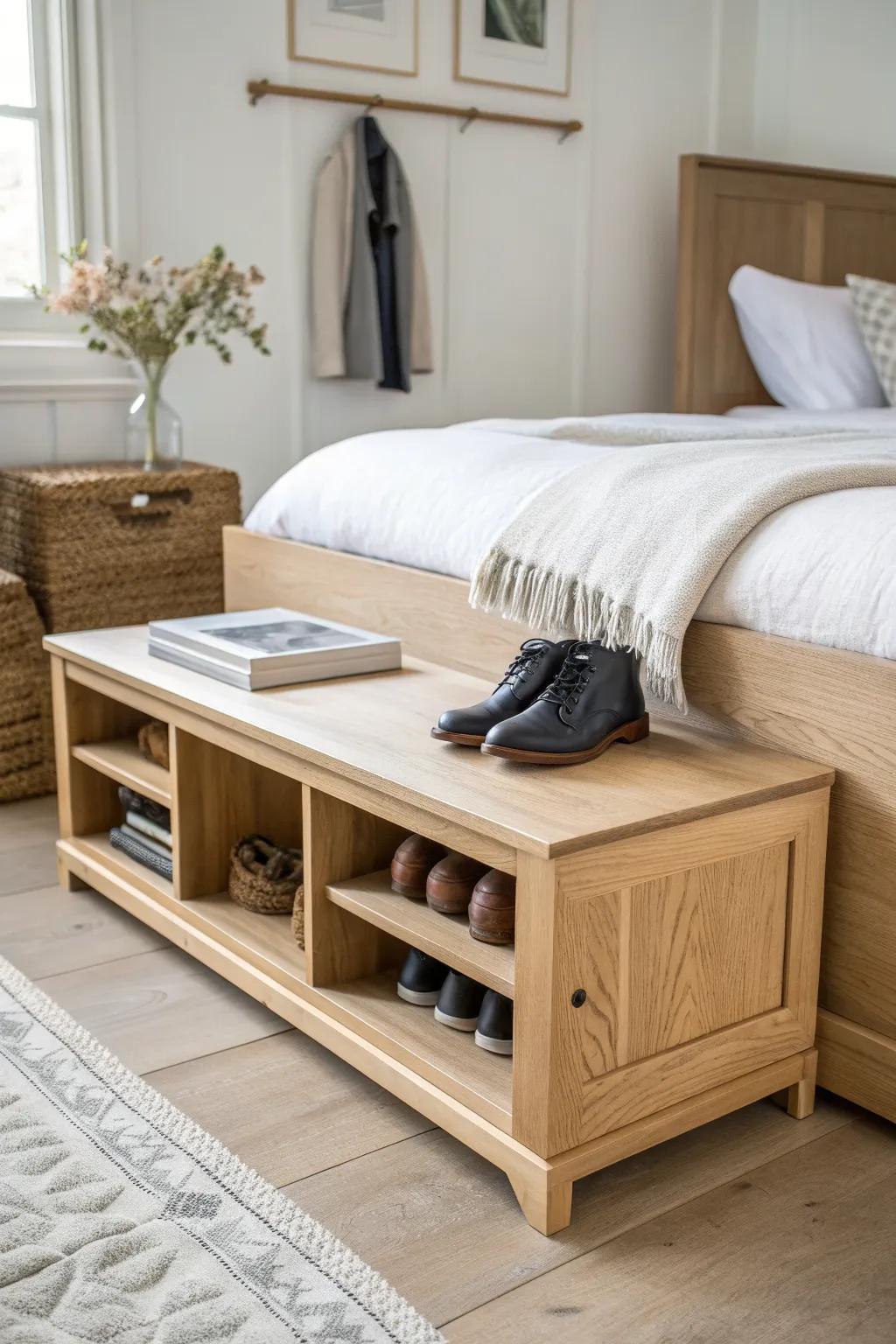 A storage bench at the foot of the bed keeps shoes tidy—and adds a cozy seat.