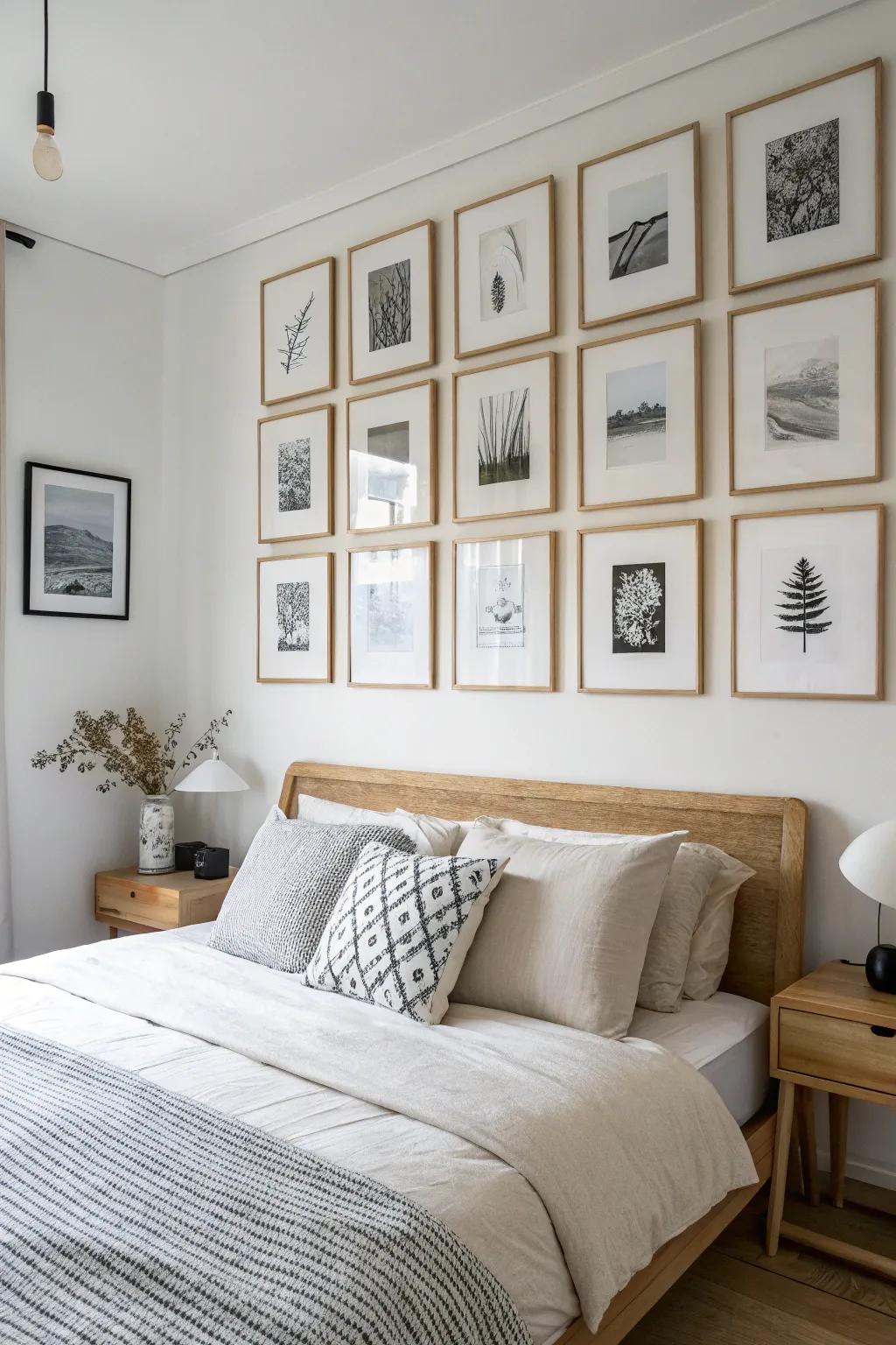A clean grid gallery wall above the bed—consistent spacing for a calm, curated look.