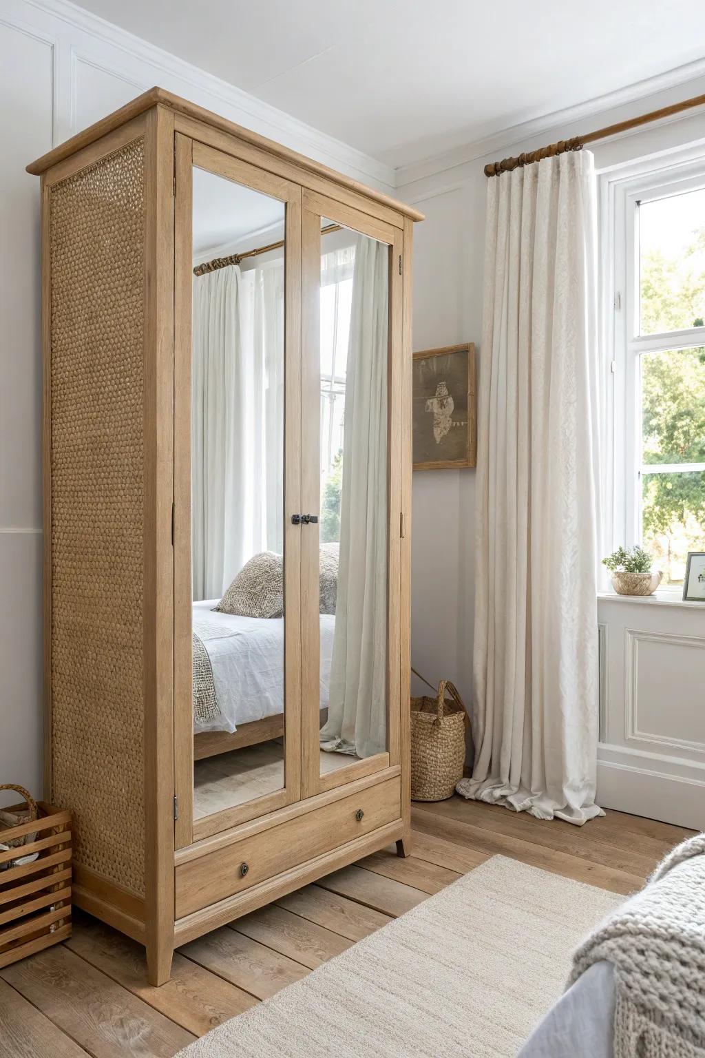 Mirrored wardrobe panels bounce daylight around, making small bedrooms feel instantly bigger.