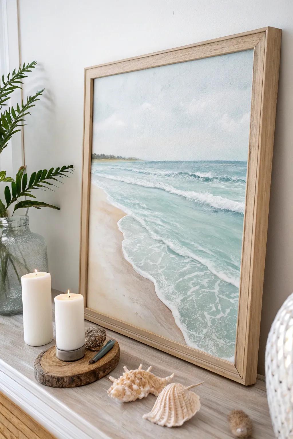 Embrace the tranquility of 'Beachside Bliss' with this serene coastal painting, perfect for adding a touch of summer to your minimalist decor.