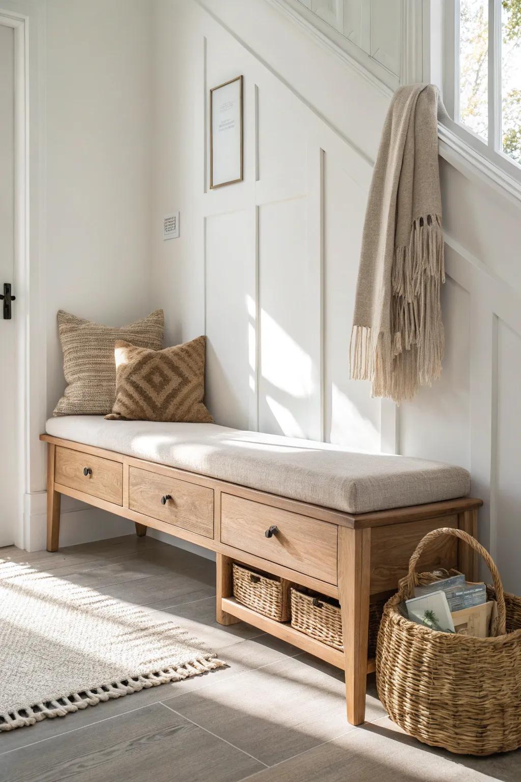 A sleek built-in wall bench with hidden storage—minimal, warm oak, and small-space friendly.