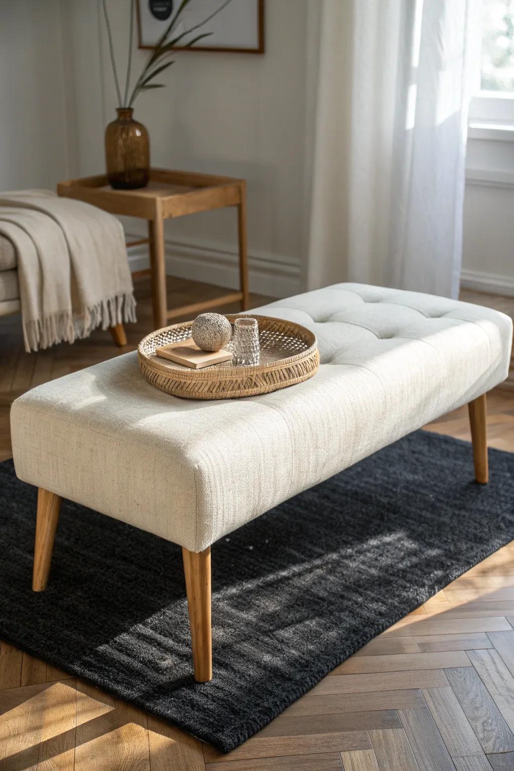 Upholstered bench + tray top: a soft, space-saving coffee table alternative for small rooms.