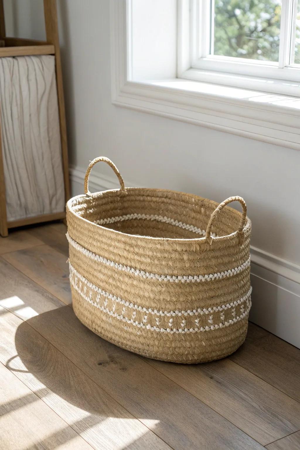 A woven basket that hides toys beautifully while keeping your living room calm and grown-up.