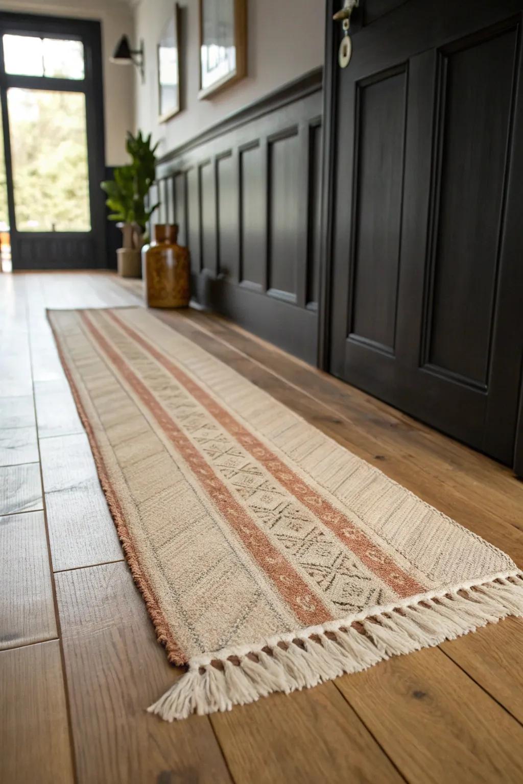 A warm neutral runner on oak floors keeps black hallway walls feeling instantly inviting.