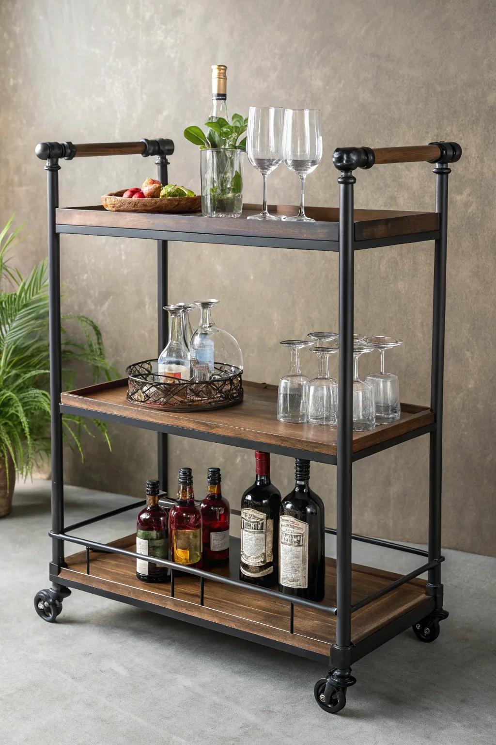 Elevate your entertaining space with a sleek black pipe bar cart - where industrial design meets timeless elegance.