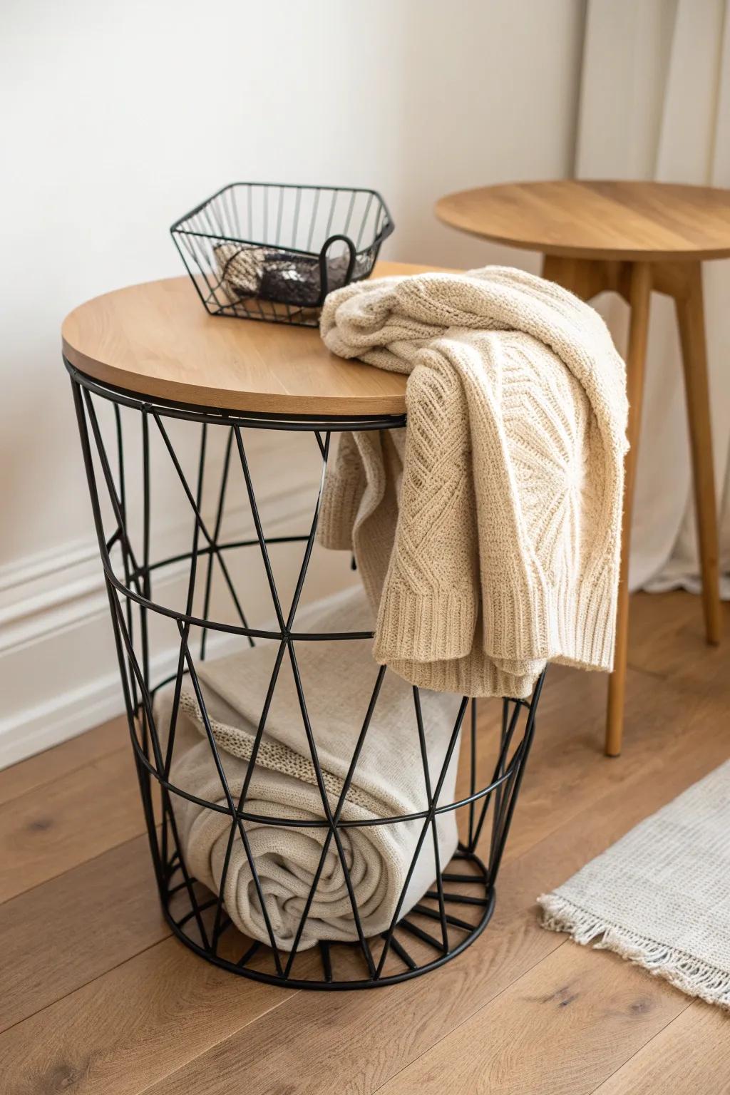 Airy wire-basket side table that stores blankets beautifully—perfect for small spaces.