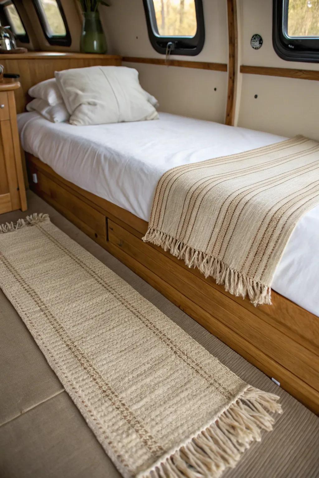 A handwoven bed runner adds hotel polish and protects your coverlet in a tiny boat cabin.