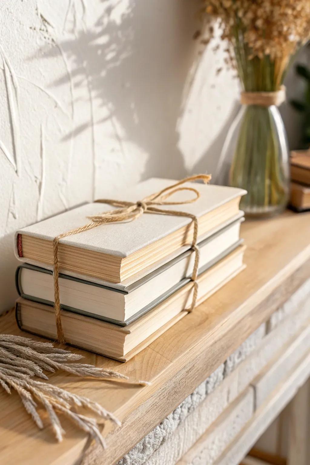 Flip book spines inward for a calm, neutral shelf look with cozy layered texture.