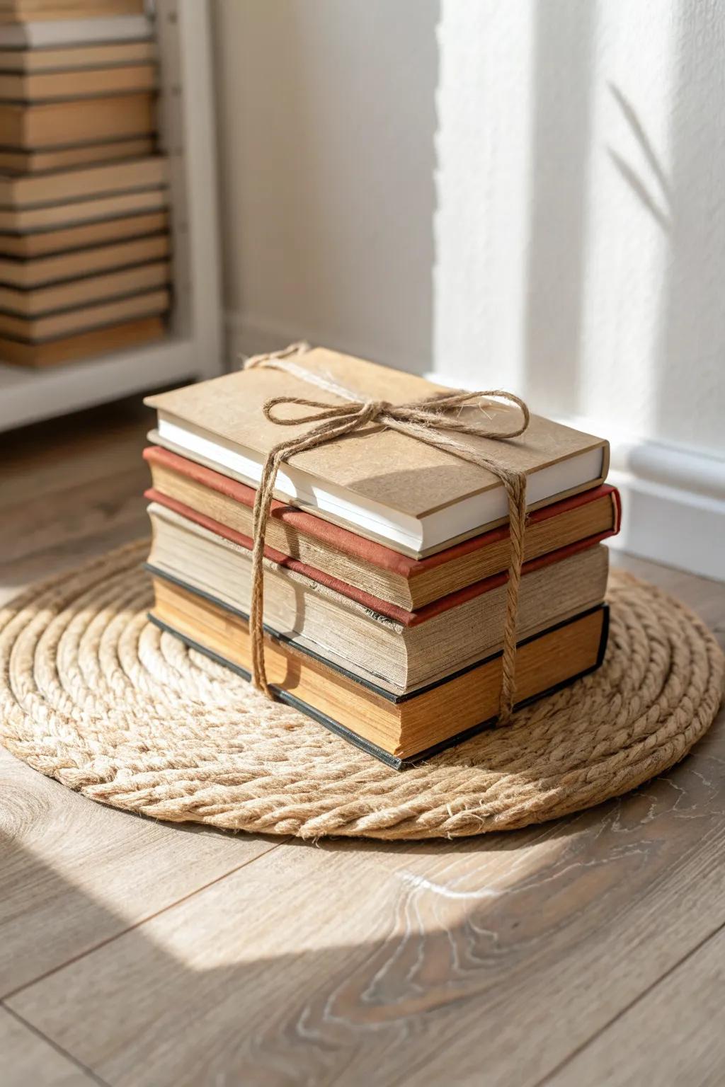Neat floor book stacks on a mini rug—instant decor that feels calm, not cluttered.