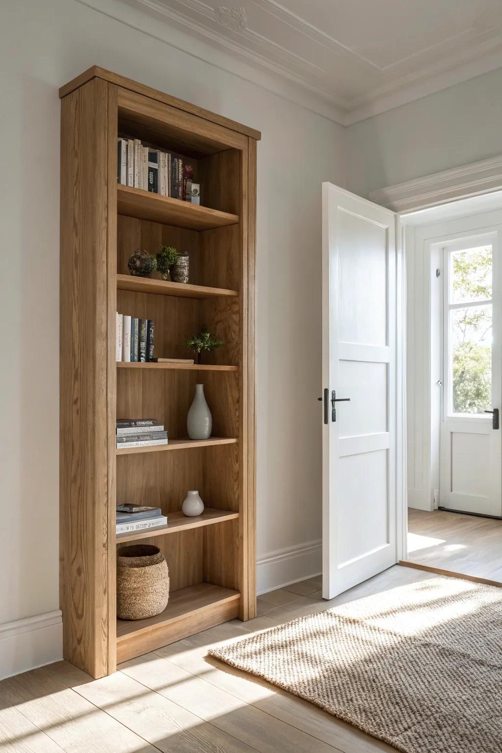 Built‑in bookcases around a doorway—smart storage that keeps the passage light and airy.