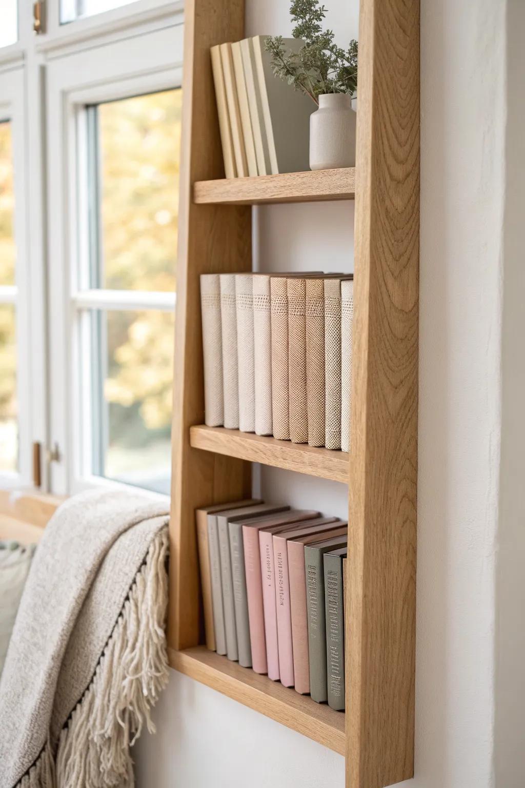 Keep it calm: group book spines in soft neutrals on a slim shelf for an instantly styled look.