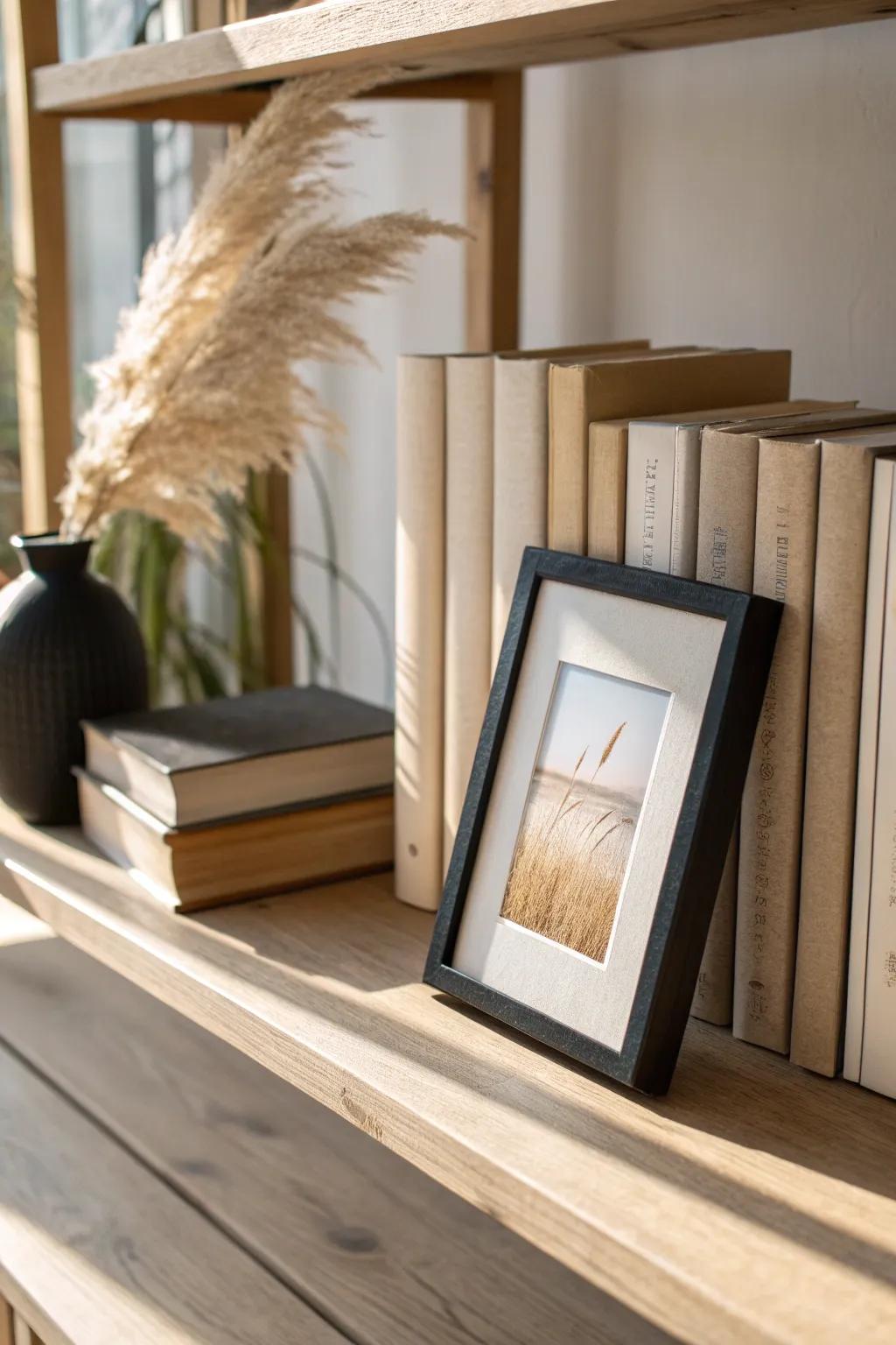 Layer a petite frame in front of books for instant depth and a personal, rental-friendly touch.