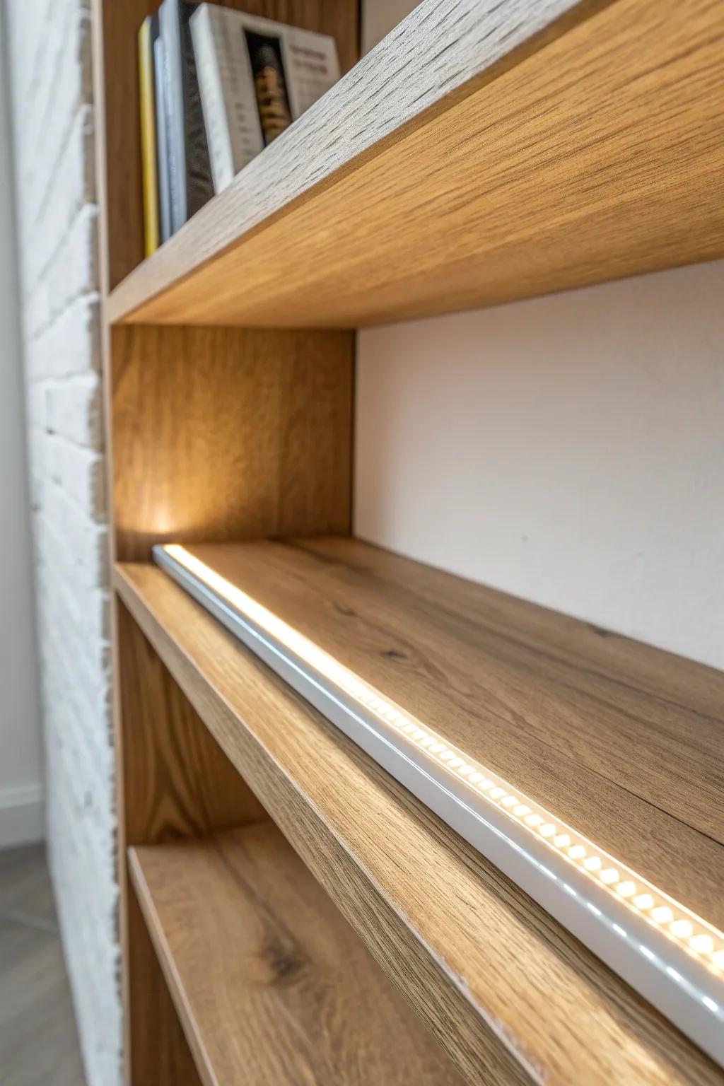 Smooth, dot-free shelf glow: LED strip hidden in a slim channel for a seamless, luxe finish.
