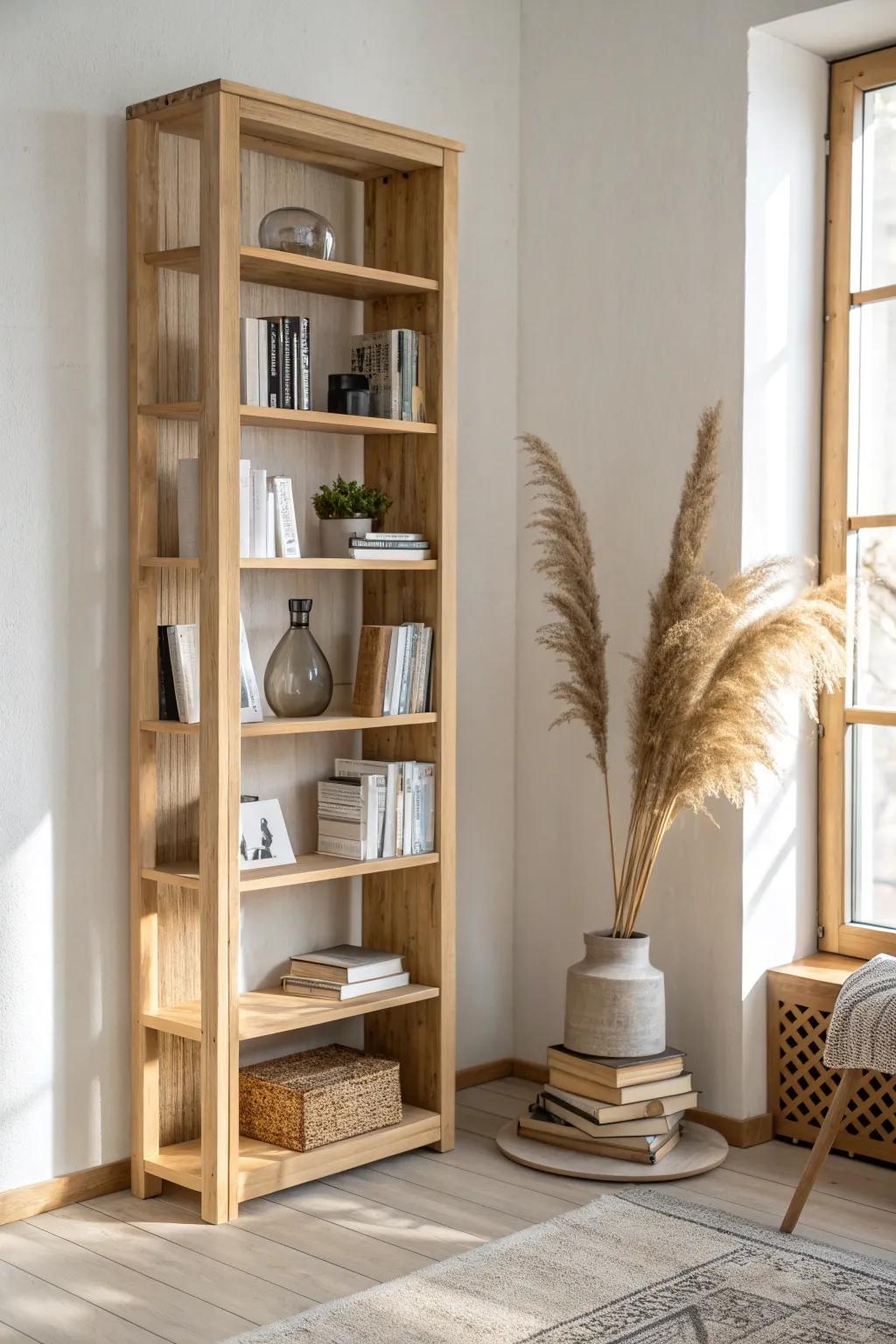 Mix vertical rows with horizontal stacks to break up spines and create decor platforms.