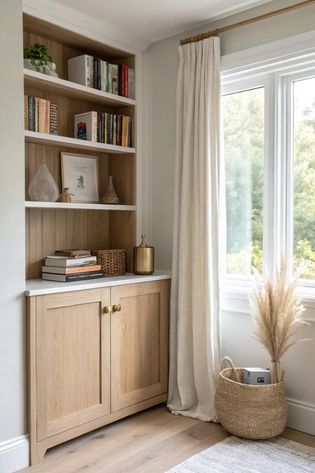 Lower cabinets hide the mess, open shelves show your favorite books—perfect calm window wall.